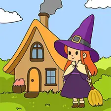 Witch By The Cottage Coloring Page