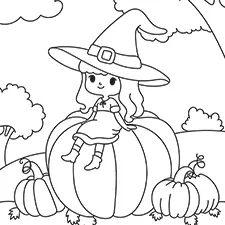 Witch Sitting On A Big Pumpkin Coloring Page