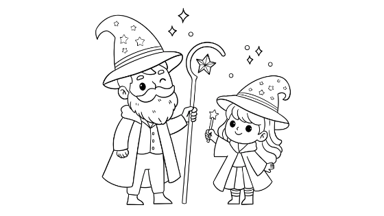 Wizard Dad and Daughter Coloring Page